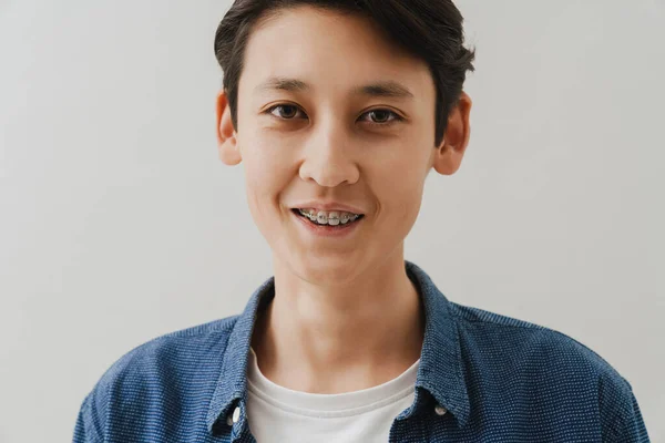 Asian Boy Dental Braces Smiling Looking Camera Isolated White Background — 스톡 사진