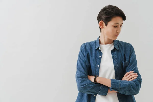 Asian Boy Wearing Shirt Posing Looking Aside Isolated White Background — Fotografia de Stock