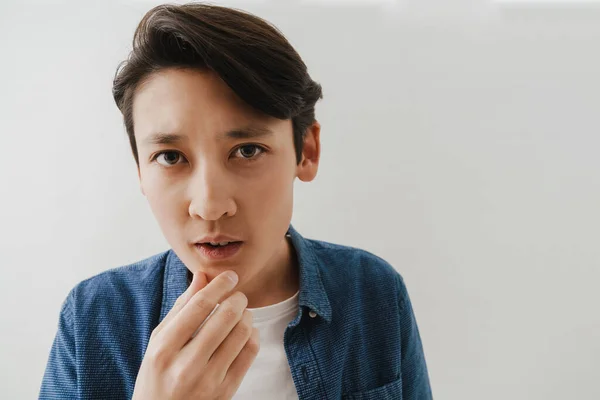 Asian Boy Wearing Shirt Posing Looking Camera Isolated White Background — Stockfoto