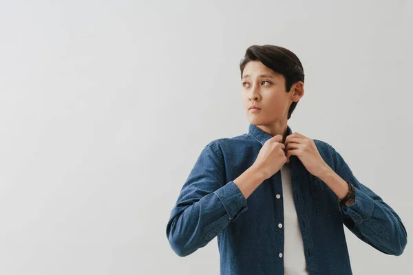 Asian Boy Wearing Shirt Posing Looking Aside Isolated White Background —  Fotos de Stock