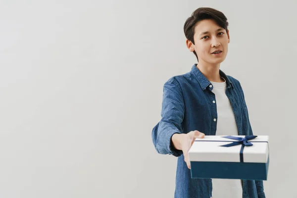 Asian Boy Dental Braces Smiling While Posing Gift Box Isolated — Fotografia de Stock