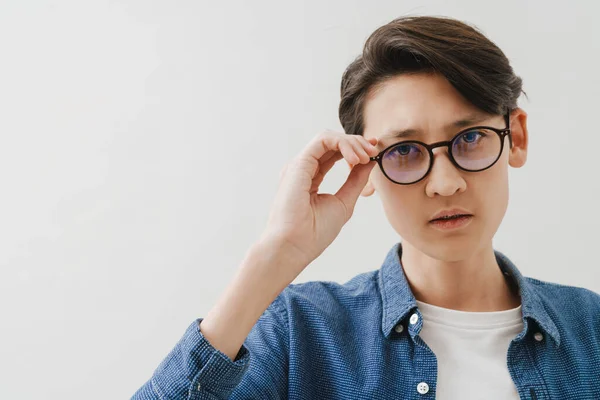 Asian Boy Wearing Eyeglasses Posing Looking Camera Isolated White Background — Stock Photo, Image