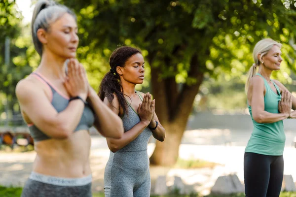 Mujeres Multiraciales Meditando Durante Práctica Yoga Parque Verde — Foto de Stock
