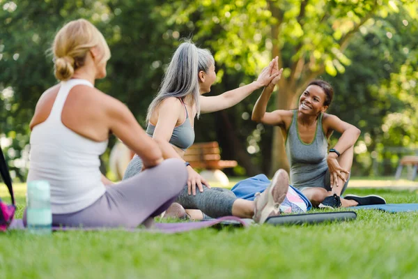 Multiracial Women Smiling Giving High Five Yoga Practice Green Park — Stock Photo, Image