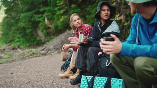 Turistas Multiétnicos Confiantes Amigos Conversando Com Xícara Chá Nas Montanhas — Vídeo de Stock