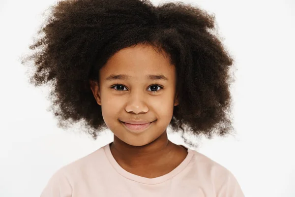 Black Preteen Girl Curly Hair Smiling Looking Camera Isolated White — Stock Photo, Image