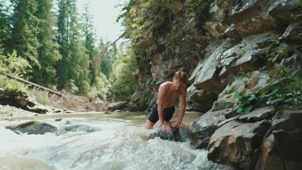Handsome Tourist Red Haired Man Swims Running River Mountains Video Clip