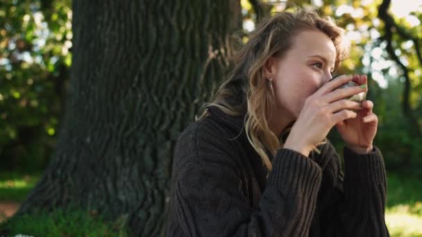 Mujer Joven Bonita Bebiendo Mirando Cámara Picnic Parque Aire Libre — Vídeos de Stock