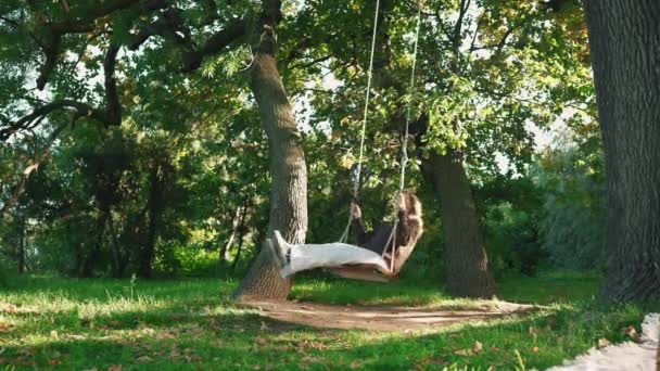 Mujer Rubia Feliz Balancea Columpio Parque Soleado — Vídeos de Stock