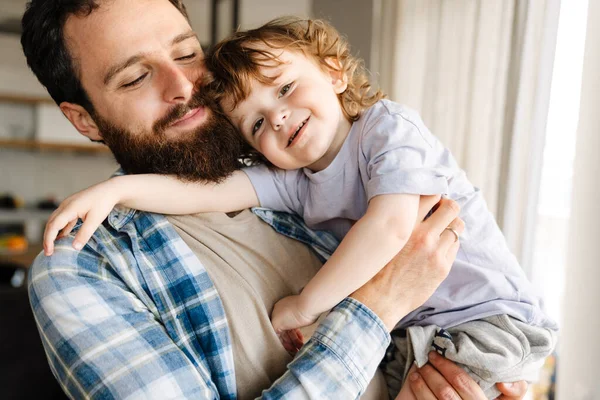 Smilling Middle Aged Father Holding His Little Son Standing Window — Stock Photo, Image