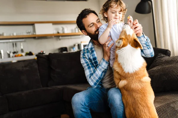 快乐的父亲和他的小儿子和他们的狗在家里的沙发上玩耍 — 图库照片