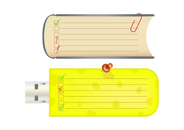 Pegatinas estilizadas como una unidad flash USB y un libro — Archivo Imágenes Vectoriales