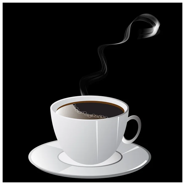Una taza de café con humo y platillo sobre fondo negro . — Archivo Imágenes Vectoriales