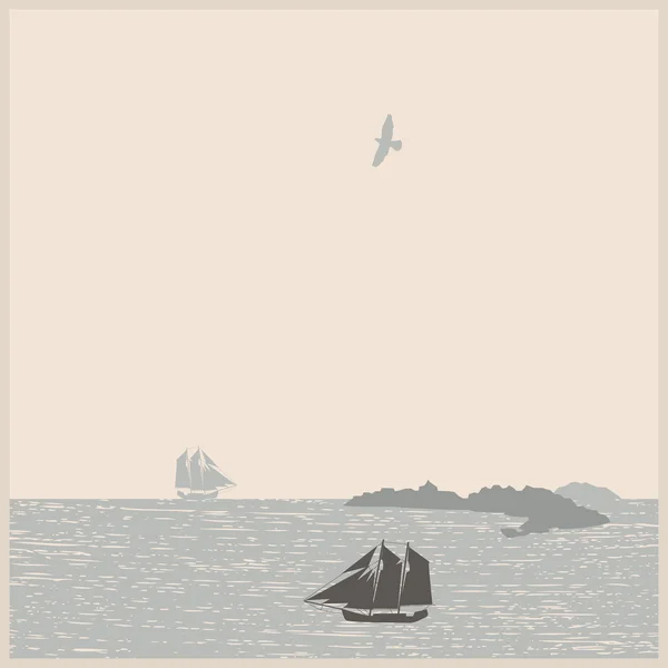 Paisaje marino vintage con barcos, montaña, aves . — Archivo Imágenes Vectoriales