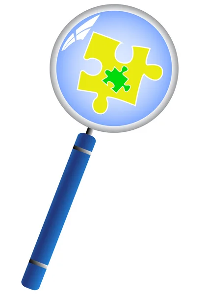 Magnifying glass analyzing the puzzle concept — Stock Vector