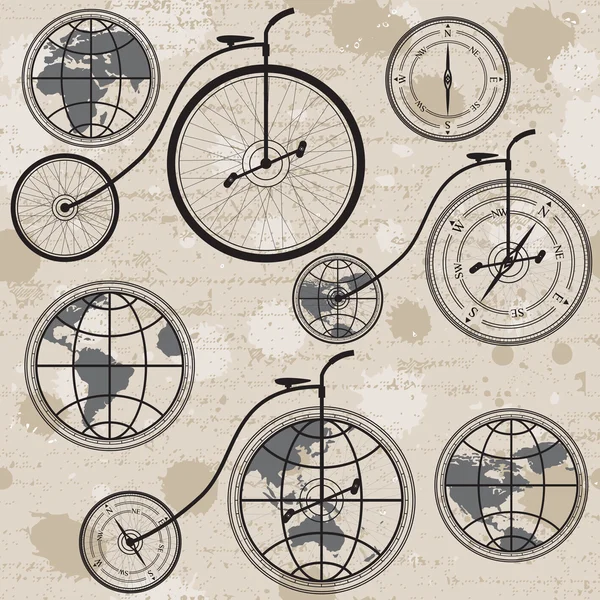 Retro-Fahrrad, Globus und Kompass — Stockvektor