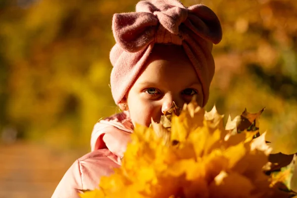 Portrét Holčičky Růžové Bundě Zlatými Podzimními Listy — Stock fotografie