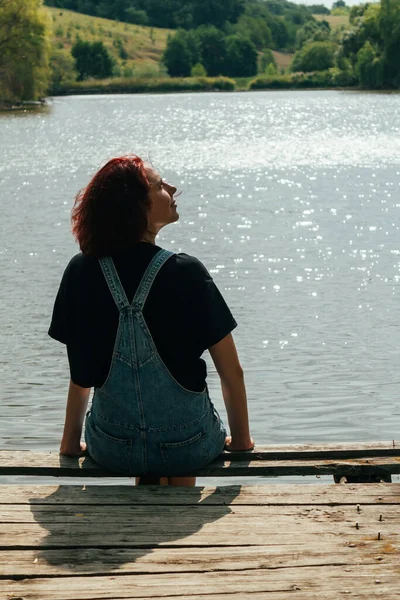 Young Girl Short Hair Sitting Old Wooden Pierce — Stock Fotó