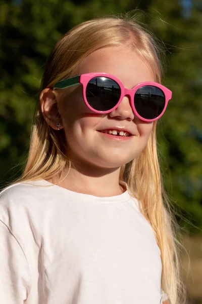 Cute Little Girl Blonde Hair Pink Sunglasses — Stockfoto