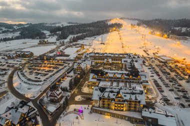 Bania Thermal Bath and Ski Resort Drone View at Winter. Polish Winter Capital.