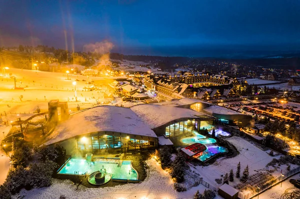Bania Thermal Baths Ski Resort Drone View Winter Night Poland — Stockfoto