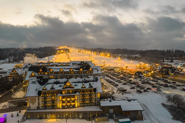 Bania Hotel Ski Resort Bialka Poland Winter Drone View Night — Zdjęcie stockowe
