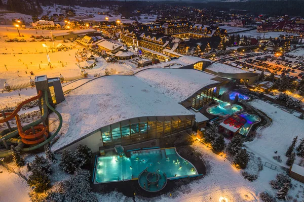 Bania Thermal Bath Bialka Zakopane Poland Drone View Winter Evening — стокове фото