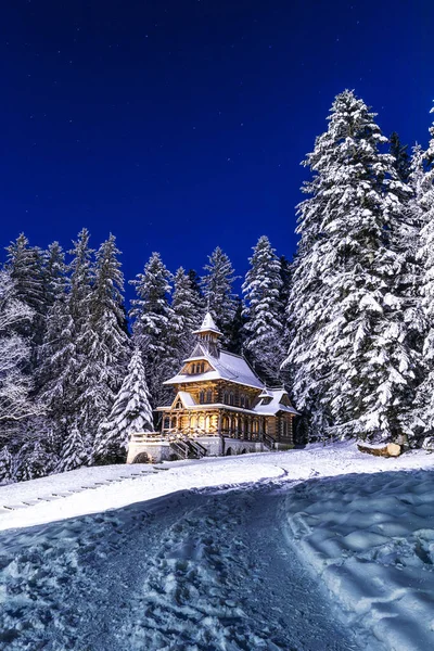 Jaszczurowka Wooden Chapel Zakopane Winter Snow Scenery Poland — Fotografia de Stock