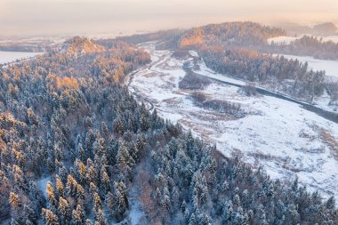 Bialka River near Zakopane in Poland at Winter Sunrise. Drone View.