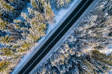 Winter Road in Snowy Forest. Top Down Drone Aerial view.