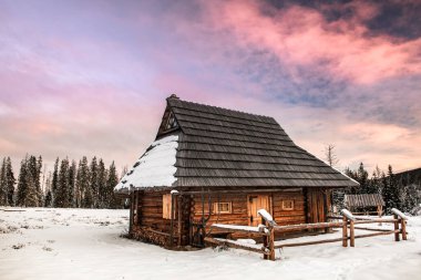 Wooden House in High Tatras Mountains, Zakopane Poland at Winter.