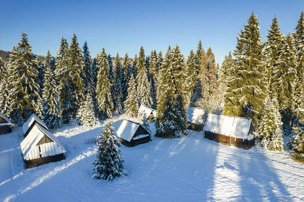 Wooden Shepherd Cabin Winter Snowy Forest Drone View — Fotografia de Stock
