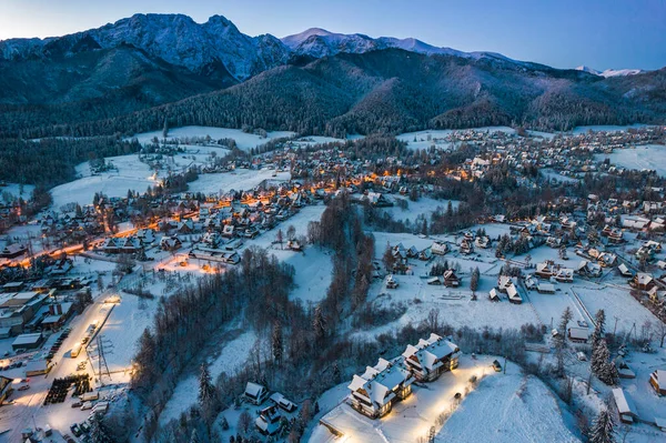 stock image Zakopane Cityscape in Winter with Giewont Mountain. Drone View.