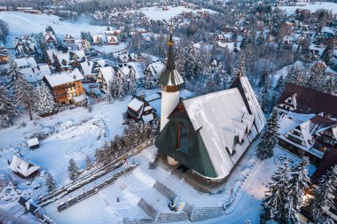 Zakopane Architecture and Giewont Mountain , Drone Winter View.