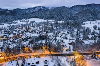 Panoramic View of Zakopane and Giewont Mount from Drone in Winter.