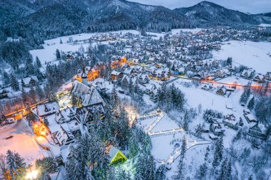 Winter Wonderland in Zakopane Town. Drone View.