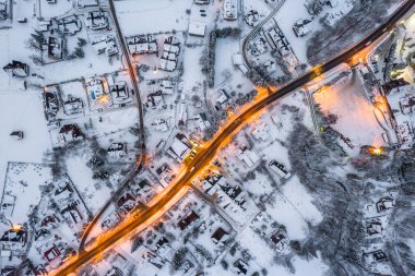 Winter in Zakopane. Snow Covered Town and Streets. Aerial Drone View.
