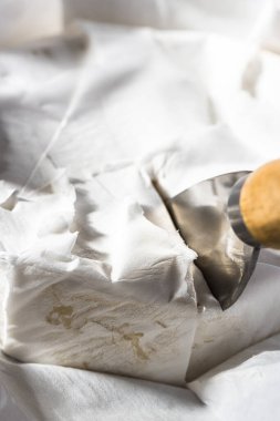 Camembert Cheese Sliced Closeup View.