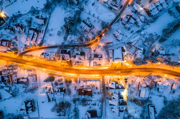 Illuminated Street Winter Zakopane Town Top Drone View — Stock Photo, Image