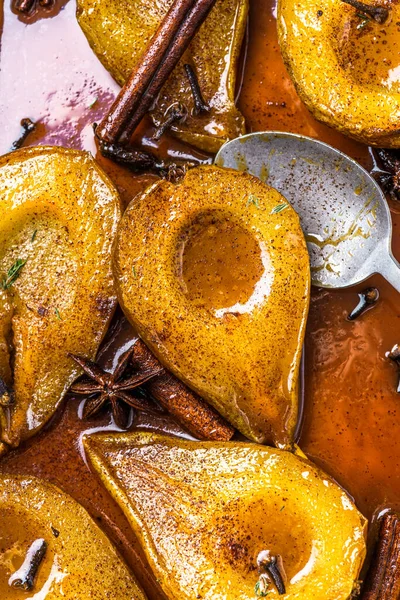 Ripe Pears Caramel Sauce Festive Spice — Stock fotografie