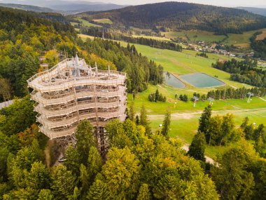 Wooden Loookout Tower in Slotwiny Arena, Krynica, Poland. Aerial Drone View.