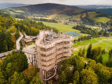 Wooden Loookout Tower in Slotwiny Arena, Krynica, Poland. Aerial Drone View.