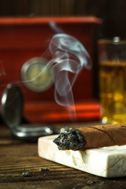 Smoking Cuban Cigar Closeup View.