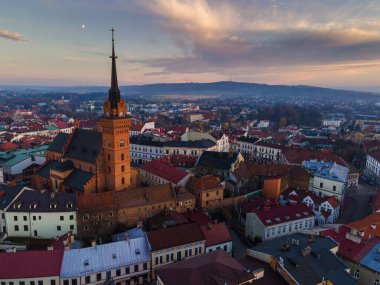 Skyline of Tarnow Old Town in Lesser Poland. Aerial Drone View at Sunset.