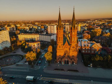Tarnow Cathedral Church at Sunset. Aerial Drone View. Polish City.