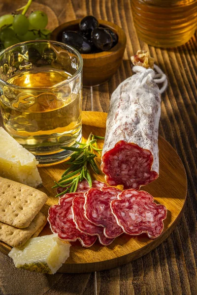 Sliced Salame Wooden Plate Cheese Wine Italian Appetizer — стоковое фото