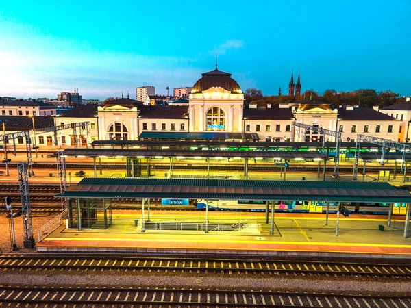 Rail Train Station Tarnow Poland Aerial Drone View Sunset — Zdjęcie stockowe