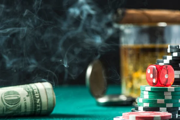 Poker Chips Stacks Pile Dices Green Casino Table Gambling Betting — Stok fotoğraf