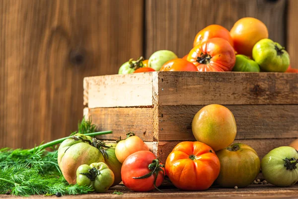 Fresh Ripe Tomatoes Wooden Box — стоковое фото