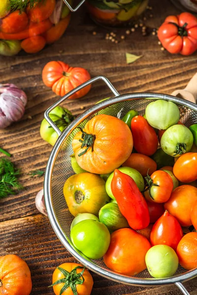 Colorful Ripe Tomatoes Wooden Table — Stockfoto